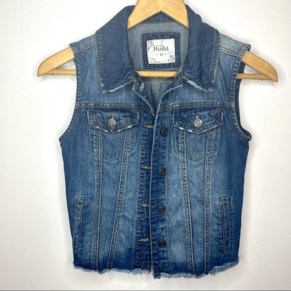 Mudd Dark Wash Denim Vest / Distressed / Raw Hem / Button Vest / Size XS